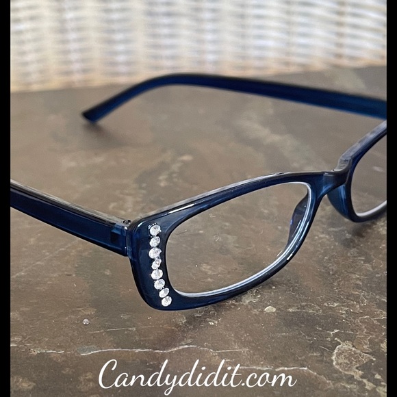 NWT Translucent Blue Frames W/ Sparkly Clear Crystals Bling Reader Glasses 1.50 - Picture 9 of 11
